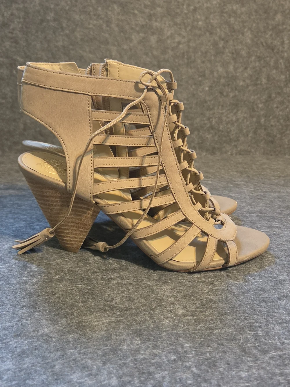 Vince Camuto Leather Light Brown Lace-Up Gladiator Heeled Sandals